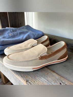 Tommy Bahama Beige Canvas Slip-On Loafers with Brown Trim
